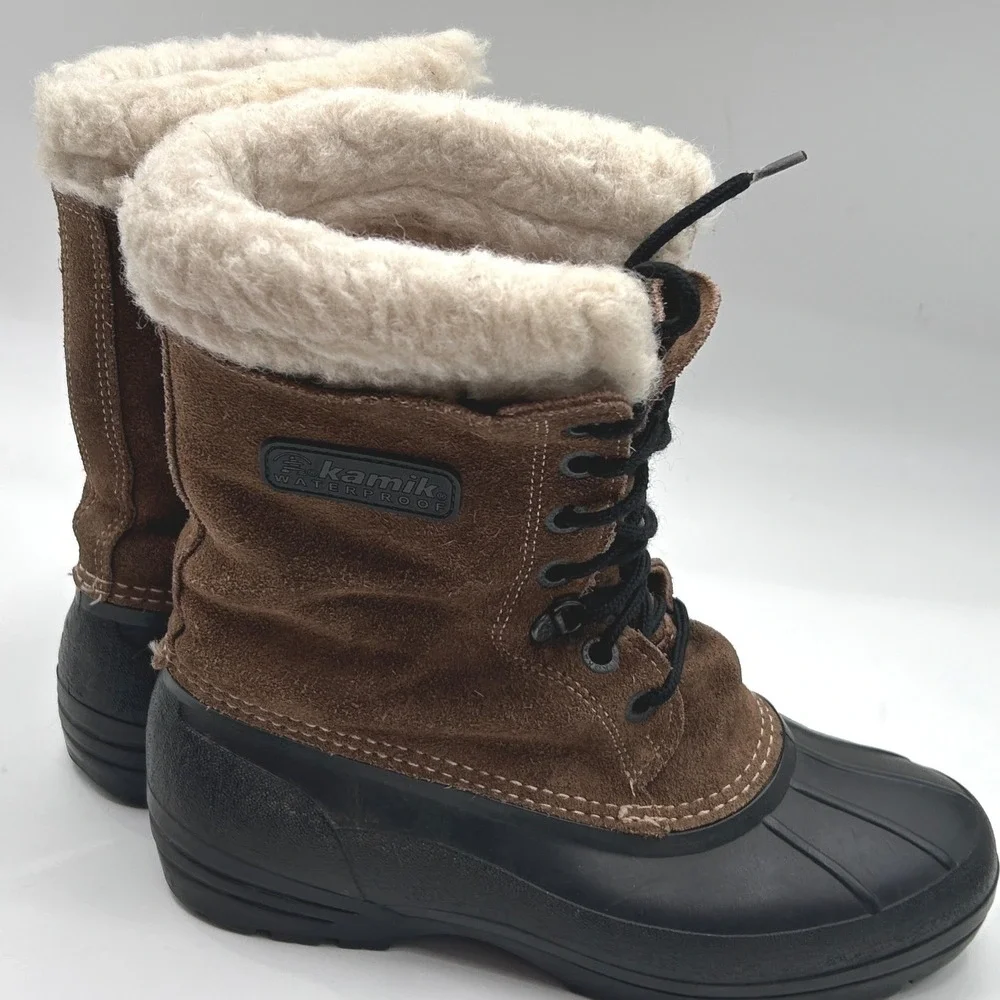 Kamik Waterproof Brown Suede Winter Duck Boots Faux Fur Trim Lace Up Mens 8